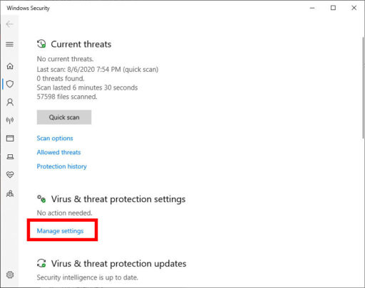 Virus & threat protection Manage settings